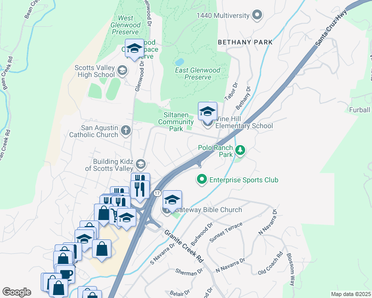 map of restaurants, bars, coffee shops, grocery stores, and more near 25 Riesling Way in Scotts Valley