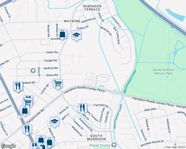 map of restaurants, bars, coffee shops, grocery stores, and more near 135 Zenith Loop in Newport News