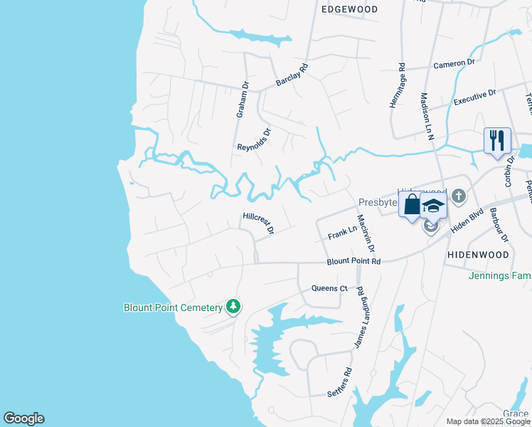 map of restaurants, bars, coffee shops, grocery stores, and more near 8 Hillcrest Drive in Newport News