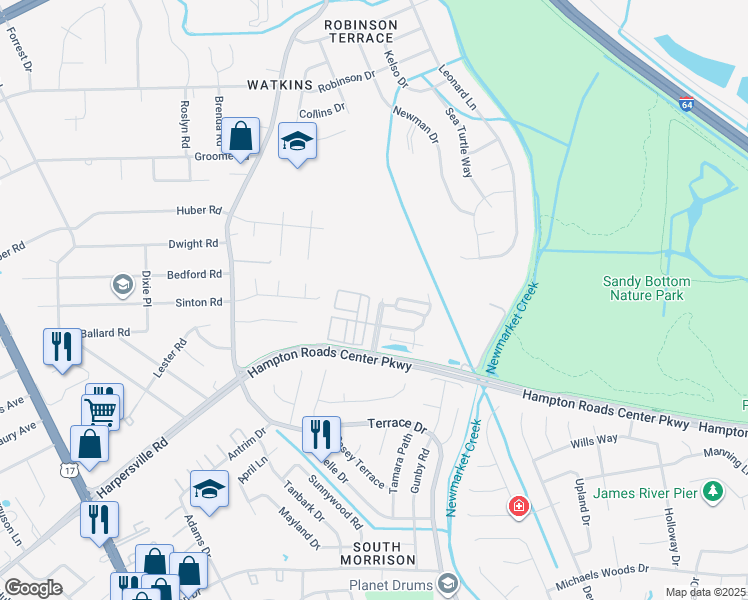 map of restaurants, bars, coffee shops, grocery stores, and more near 138 Zenith Loop in Newport News