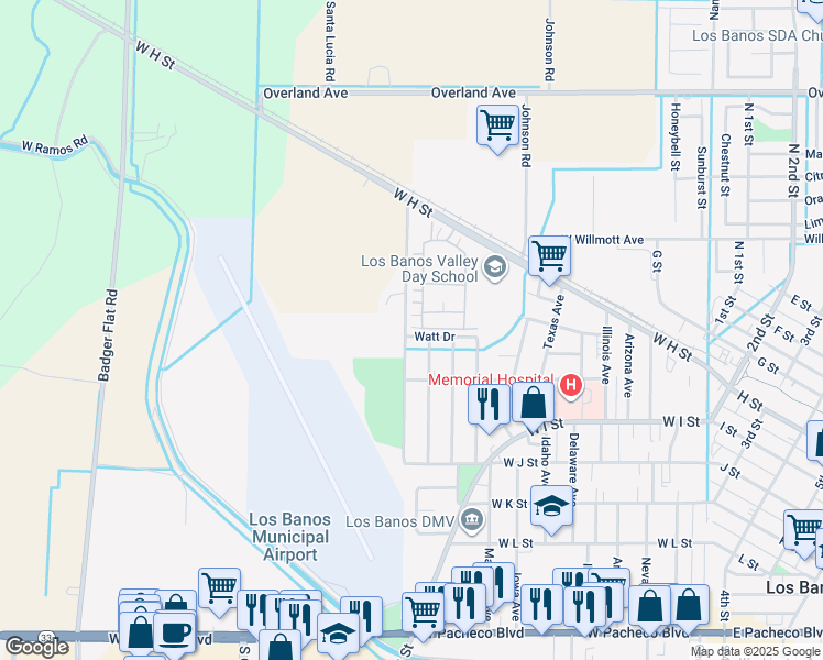 map of restaurants, bars, coffee shops, grocery stores, and more near 737 Betten Street in Los Banos
