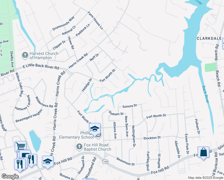 map of restaurants, bars, coffee shops, grocery stores, and more near 35 Sandpiper Court in Hampton