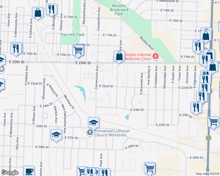 map of restaurants, bars, coffee shops, grocery stores, and more near 2102 East 22nd Street in Joplin