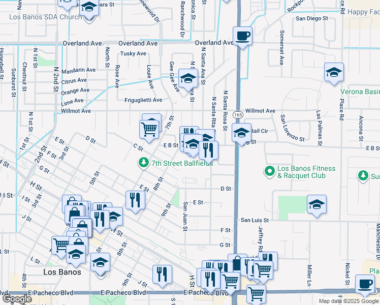 map of restaurants, bars, coffee shops, grocery stores, and more near 1129 East B Street in Los Banos