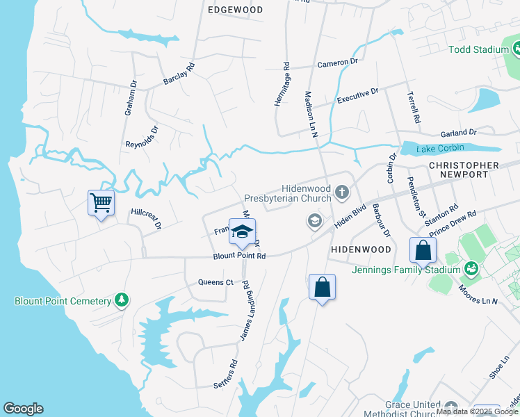 map of restaurants, bars, coffee shops, grocery stores, and more near 4 Scott Road in Newport News