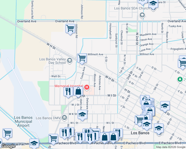 map of restaurants, bars, coffee shops, grocery stores, and more near in Los Banos