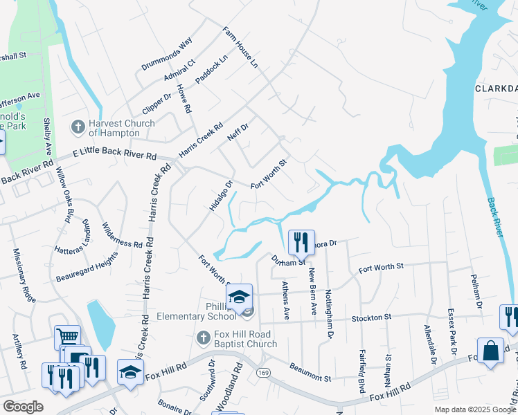 map of restaurants, bars, coffee shops, grocery stores, and more near 6 Chipanbeth Court in Hampton