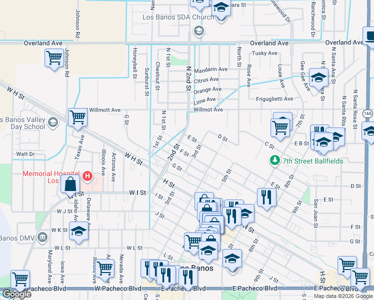 map of restaurants, bars, coffee shops, grocery stores, and more near 234 F Street in Los Banos