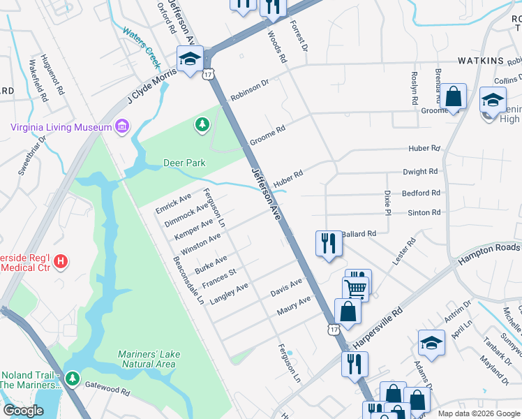map of restaurants, bars, coffee shops, grocery stores, and more near 11311 Winston Place in Newport News