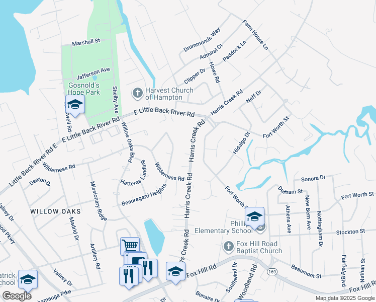 map of restaurants, bars, coffee shops, grocery stores, and more near 2 Hondo Court in Hampton