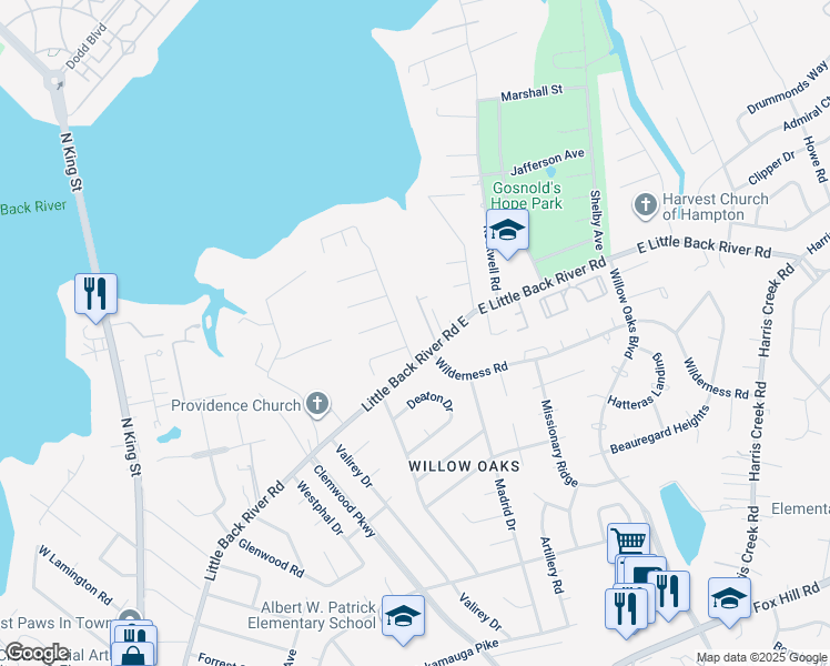 map of restaurants, bars, coffee shops, grocery stores, and more near 10 Old Meribeth Road in Hampton