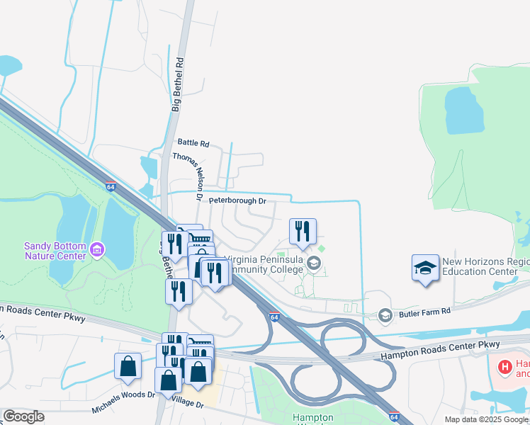 map of restaurants, bars, coffee shops, grocery stores, and more near 11 Micklebring Lane in Hampton