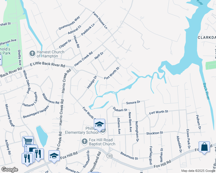 map of restaurants, bars, coffee shops, grocery stores, and more near 6 Chipanbeth Court in Hampton