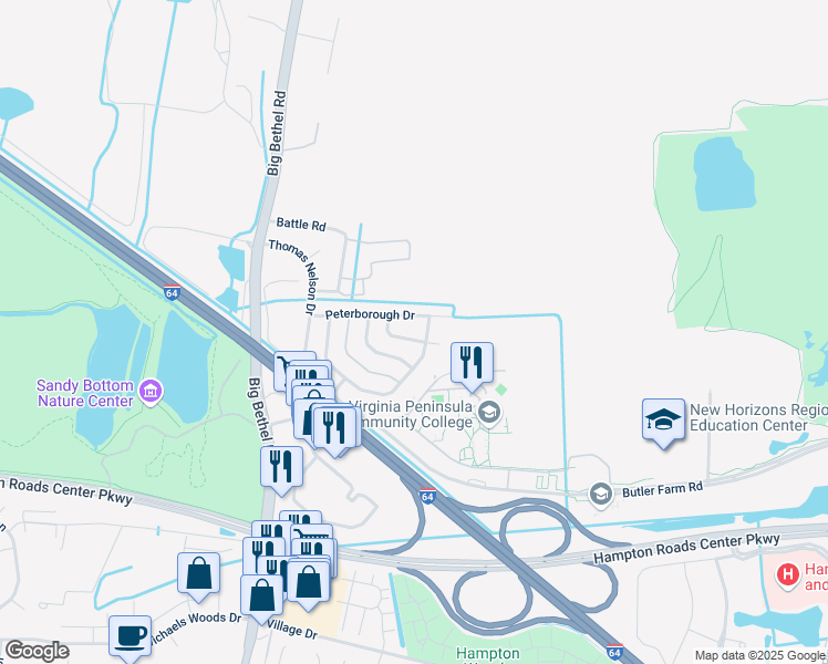 map of restaurants, bars, coffee shops, grocery stores, and more near 11 Micklebring Lane in Hampton