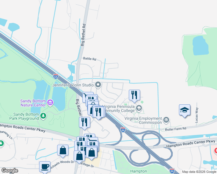 map of restaurants, bars, coffee shops, grocery stores, and more near 6 Kettering Lane in Hampton