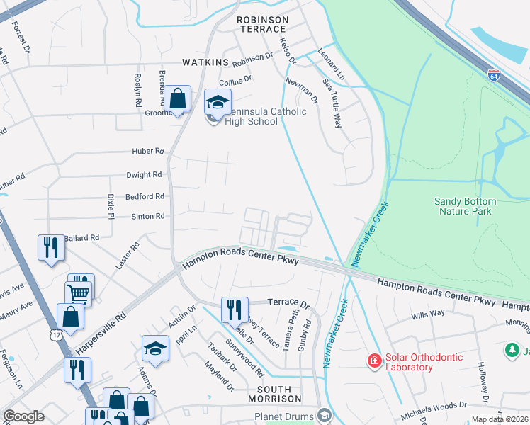 map of restaurants, bars, coffee shops, grocery stores, and more near 138 Zenith Loop in Newport News