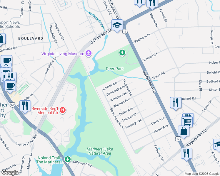 map of restaurants, bars, coffee shops, grocery stores, and more near 14 Emrick Avenue in Newport News