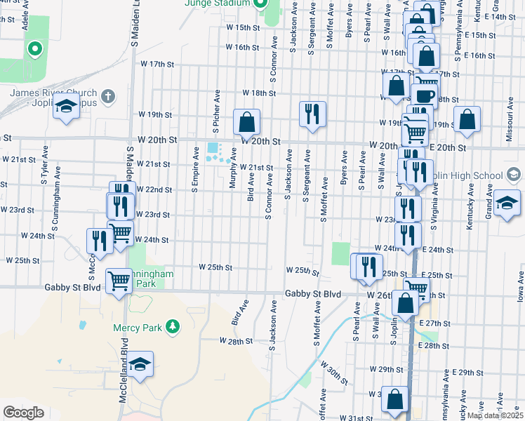 map of restaurants, bars, coffee shops, grocery stores, and more near 2211-2223 Bird Avenue in Joplin