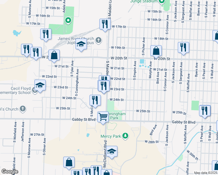 map of restaurants, bars, coffee shops, grocery stores, and more near 2226 South Harlem Avenue in Joplin