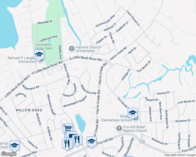 map of restaurants, bars, coffee shops, grocery stores, and more near 2 Hondo Court in Hampton