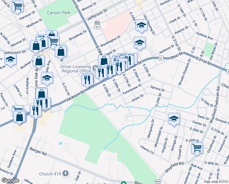 map of restaurants, bars, coffee shops, grocery stores, and more near 2800-2898 Ohio Street in Paducah