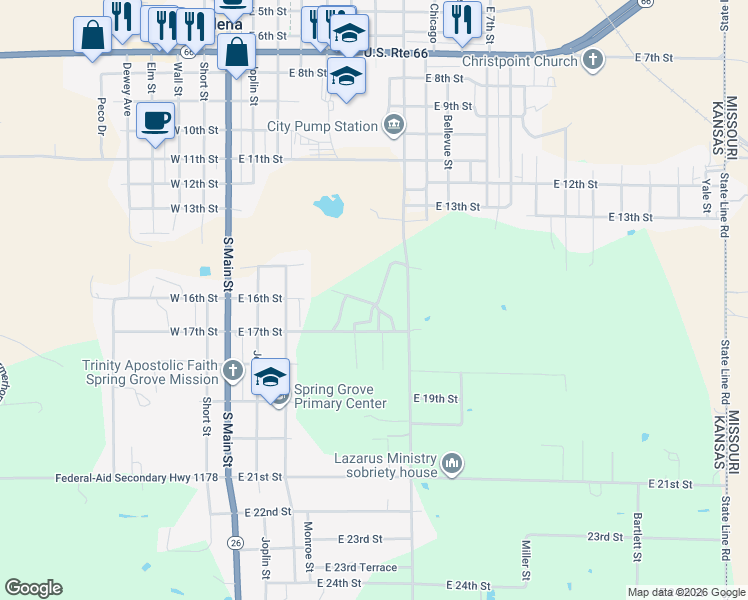 map of restaurants, bars, coffee shops, grocery stores, and more near 1516 Lincoln Drive in Galena