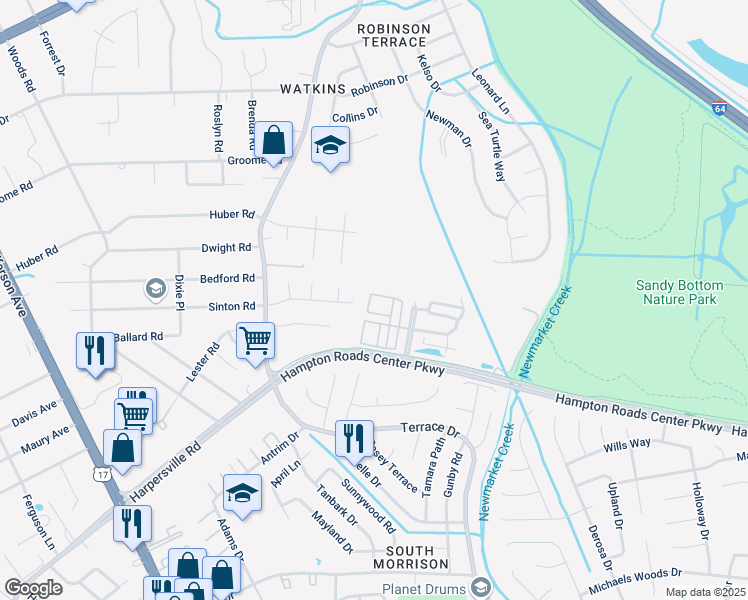 map of restaurants, bars, coffee shops, grocery stores, and more near 172 Hemisphere Circle in Newport News