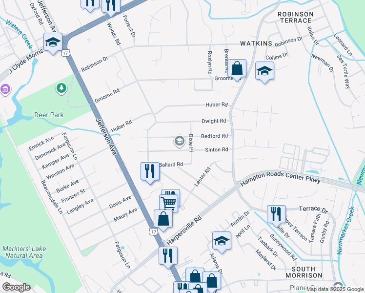 map of restaurants, bars, coffee shops, grocery stores, and more near 33 Sinton Road in Newport News