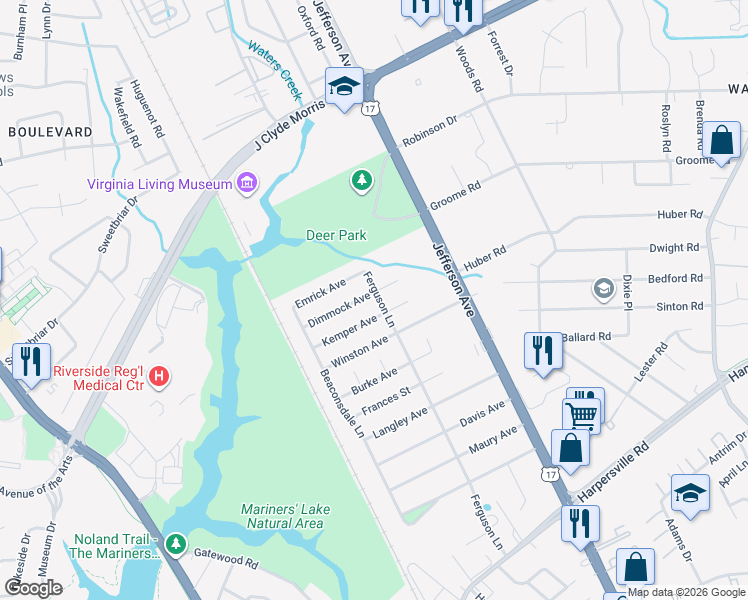 map of restaurants, bars, coffee shops, grocery stores, and more near 24 Dimmock Avenue in Newport News