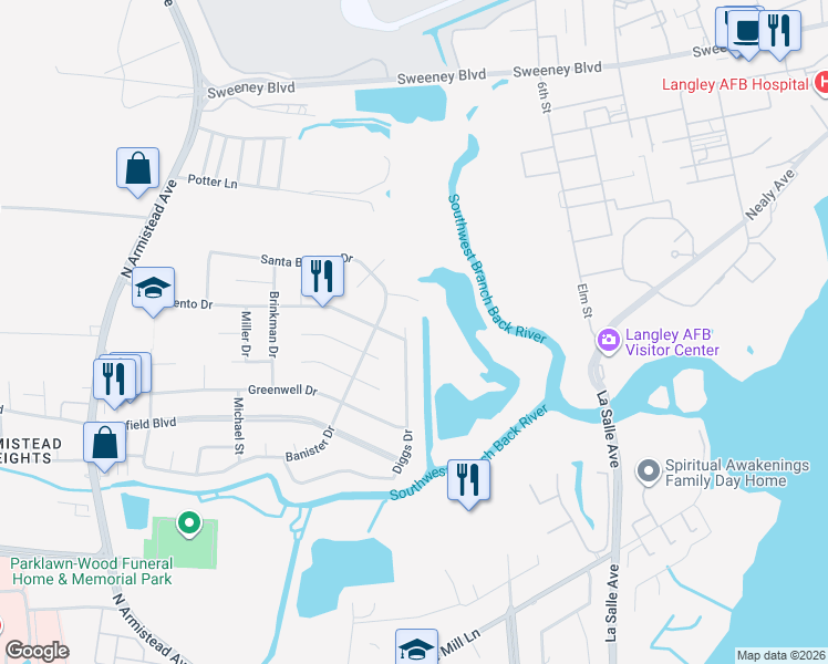 map of restaurants, bars, coffee shops, grocery stores, and more near 138 Diggs Drive in Hampton