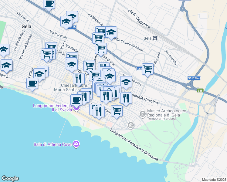 map of restaurants, bars, coffee shops, grocery stores, and more near 68 Via Generale Cascino in Gela