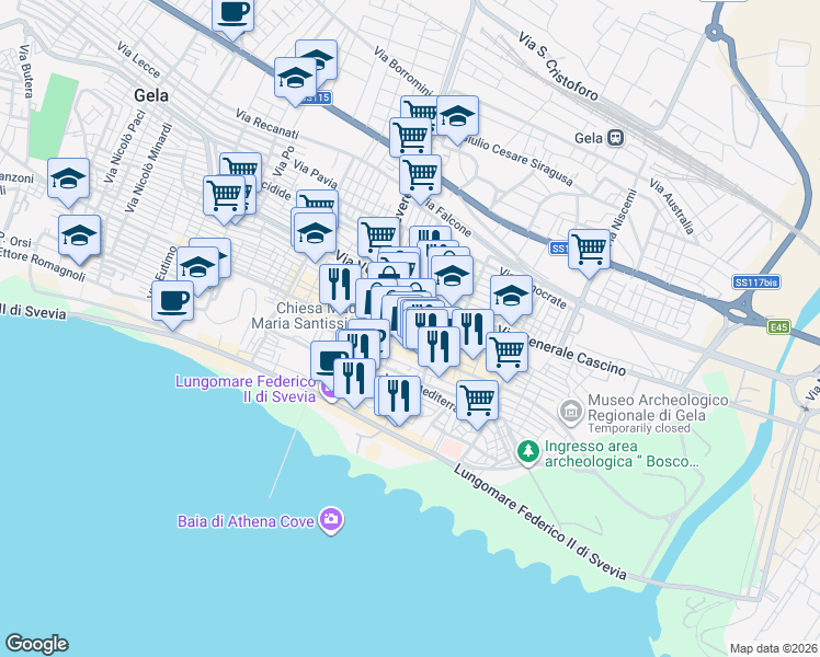 map of restaurants, bars, coffee shops, grocery stores, and more near 17 Via Matrice in Gela