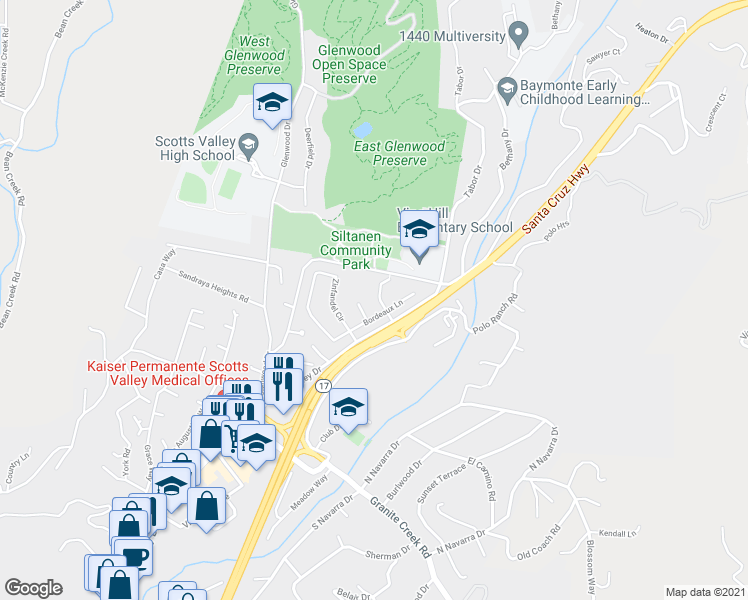 map of restaurants, bars, coffee shops, grocery stores, and more near 25 Riesling Way in Scotts Valley