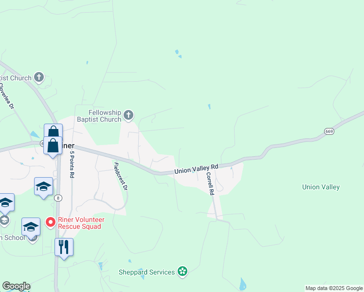map of restaurants, bars, coffee shops, grocery stores, and more near 1632 Union Valley Road in Riner