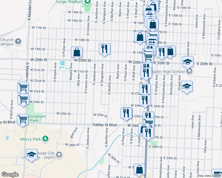 map of restaurants, bars, coffee shops, grocery stores, and more near 2217 South Moffet Avenue in Joplin