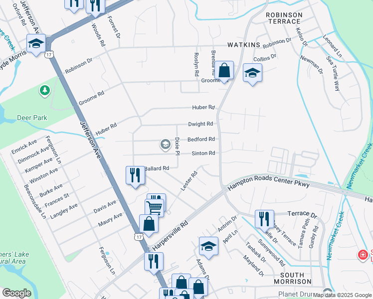 map of restaurants, bars, coffee shops, grocery stores, and more near 43 Sinton Road in Newport News