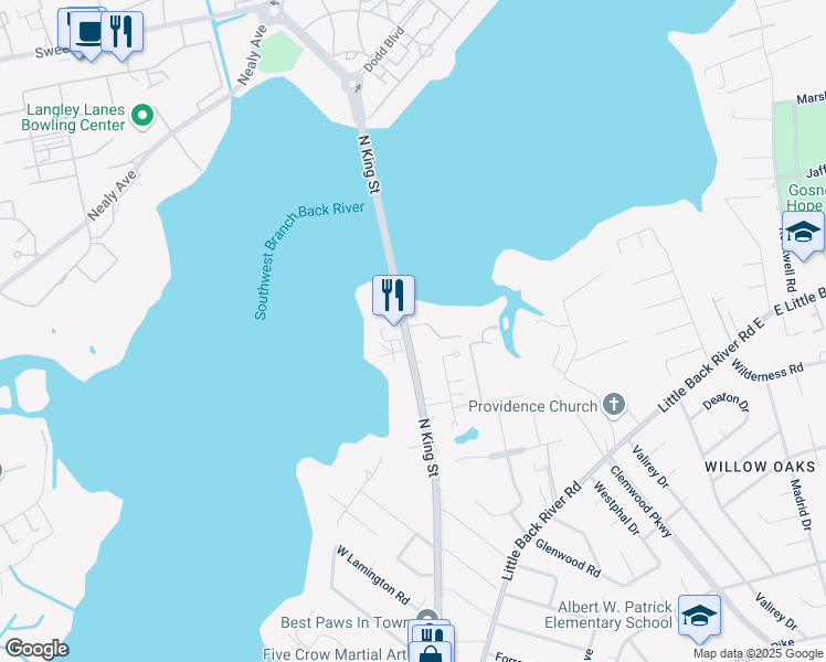 map of restaurants, bars, coffee shops, grocery stores, and more near 1780 North King Street in Hampton
