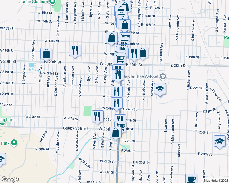 map of restaurants, bars, coffee shops, grocery stores, and more near 2215 South Joplin Avenue in Joplin