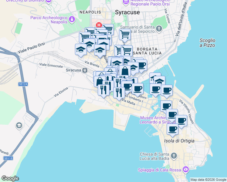 map of restaurants, bars, coffee shops, grocery stores, and more near in Siracusa