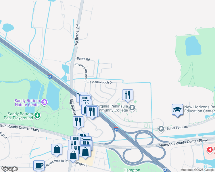 map of restaurants, bars, coffee shops, grocery stores, and more near 11 Micklebring Lane in Hampton