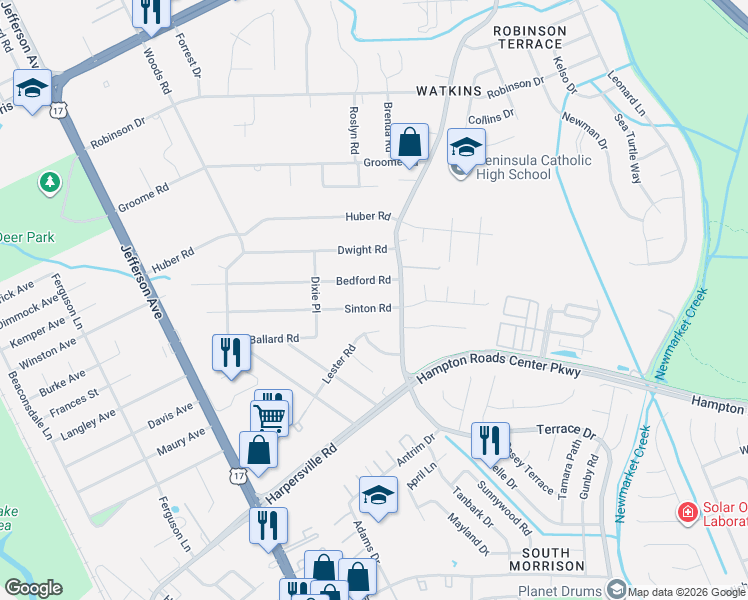 map of restaurants, bars, coffee shops, grocery stores, and more near 55 Sinton Road in Newport News