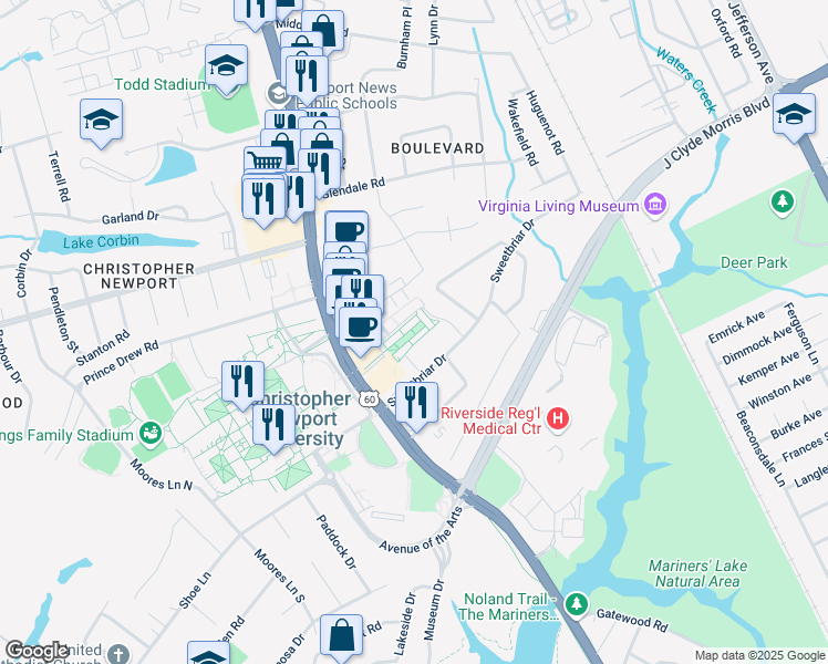 map of restaurants, bars, coffee shops, grocery stores, and more near Glenn Lane in Newport News