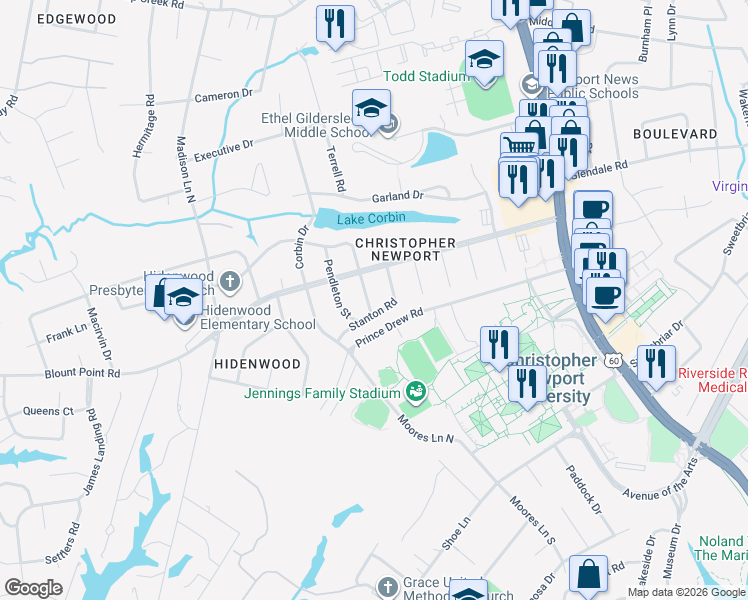 map of restaurants, bars, coffee shops, grocery stores, and more near 203 Woodroof Road in Newport News