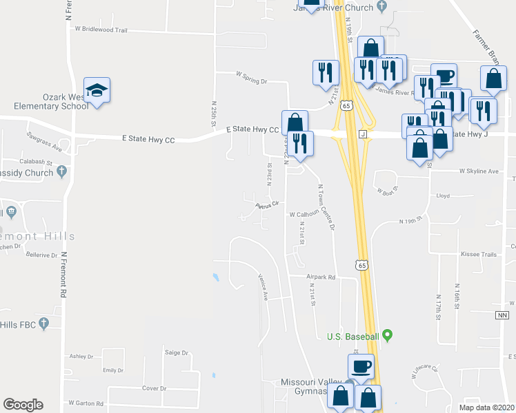 map of restaurants, bars, coffee shops, grocery stores, and more near 2264 Petrus Circle in Ozark