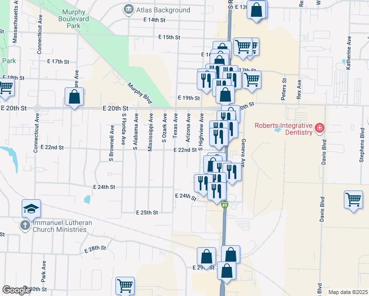 map of restaurants, bars, coffee shops, grocery stores, and more near 2131 Texas Avenue in Joplin