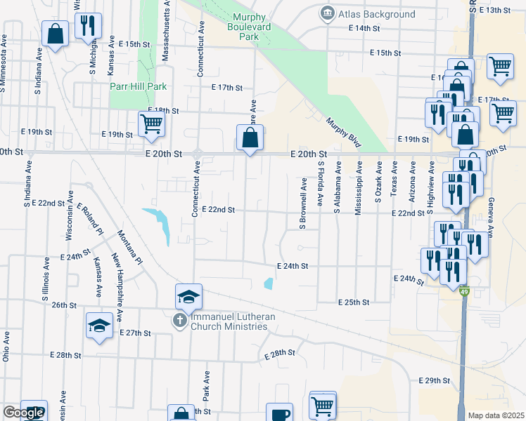 map of restaurants, bars, coffee shops, grocery stores, and more near 2201-2207 East 22nd Street in Joplin