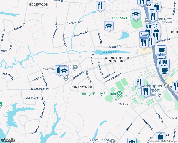 map of restaurants, bars, coffee shops, grocery stores, and more near 1 Barbour Drive in Newport News