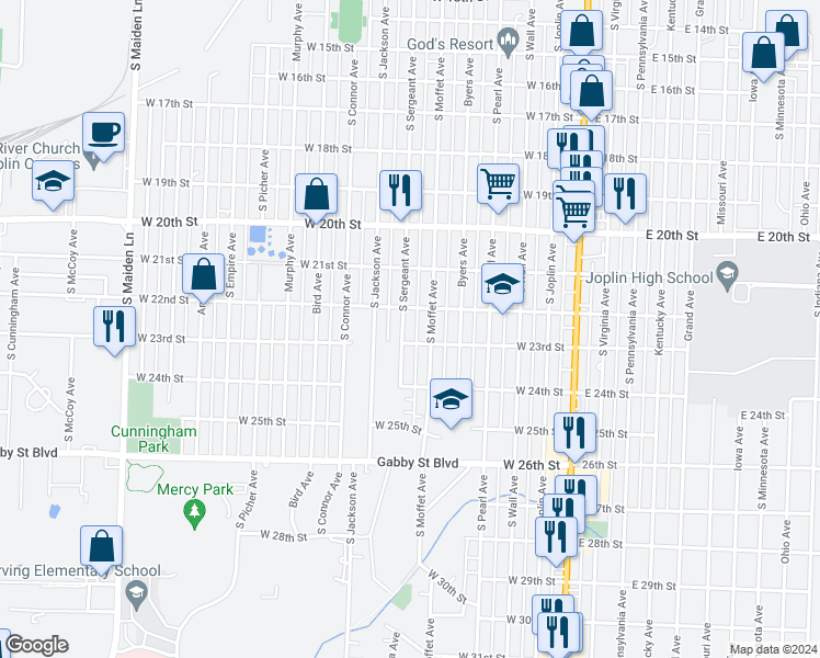 map of restaurants, bars, coffee shops, grocery stores, and more near 2217 South Sergeant Avenue in Joplin