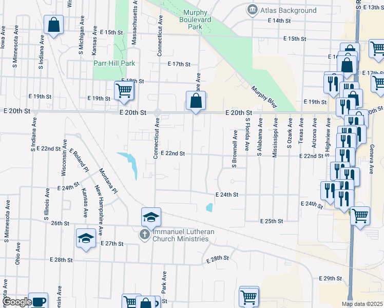 map of restaurants, bars, coffee shops, grocery stores, and more near 2201 East 22nd Street in Joplin