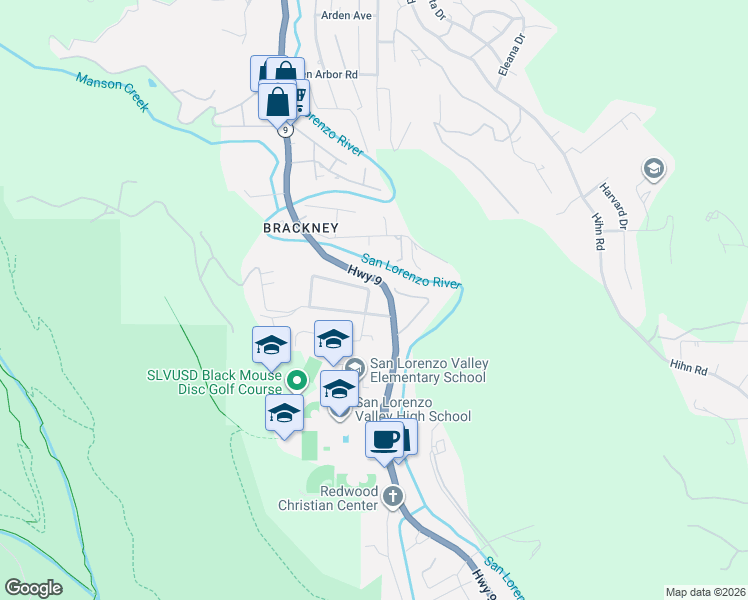 map of restaurants, bars, coffee shops, grocery stores, and more near 7404 Hacienda Way in Felton